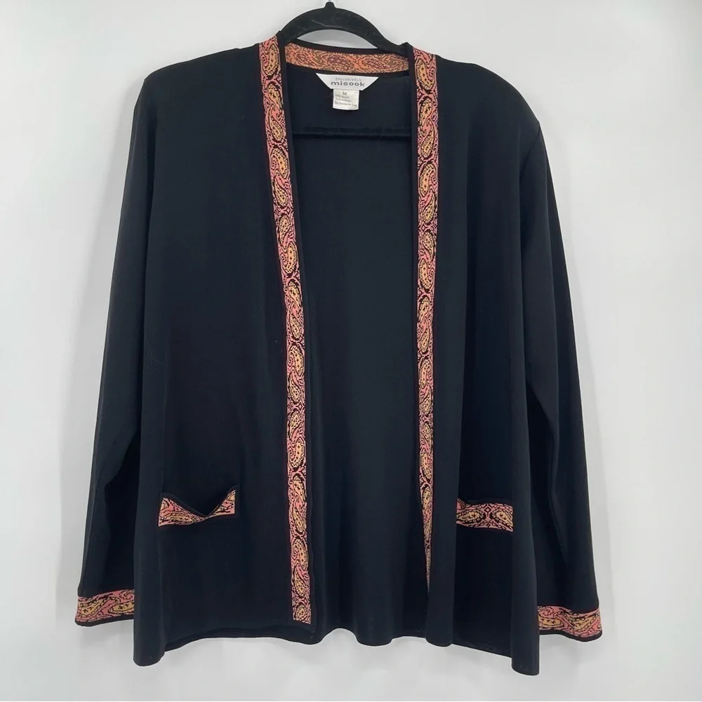 Exclusively Misook M Black Acrylic Knit Cardigan Sweater Pink Trim Pockets